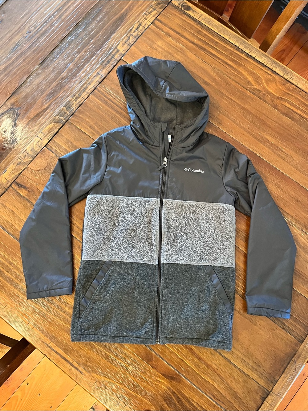 Columbia Kids Colorblock Hooded Jacket - Dark Gray & Light Gray Sz Med. 10/12